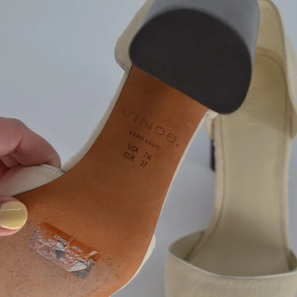 Vince Prim D'Orsay Calf Hair Pointed Toe Pump Cream Stacked Block Heel Size 7 - Picture 7 of 7